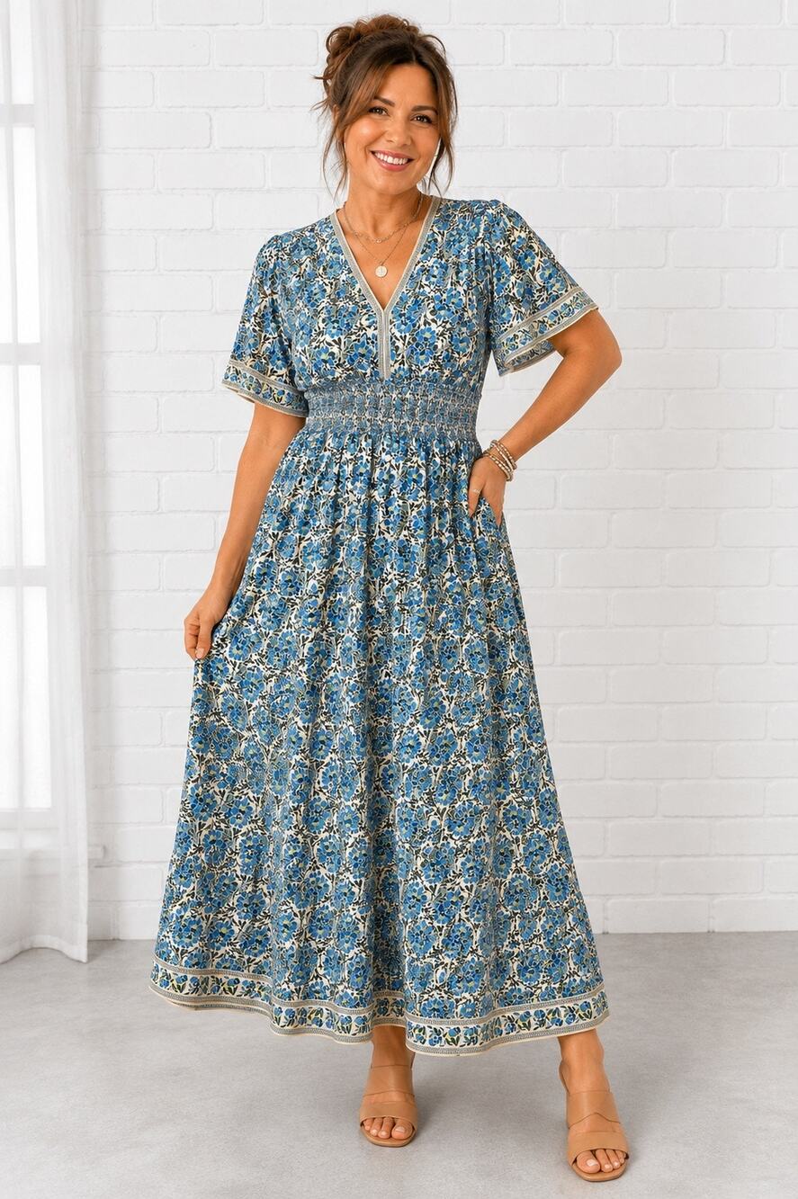 Max Studio Blue Floral V-Neck Smocked Maxi Dress